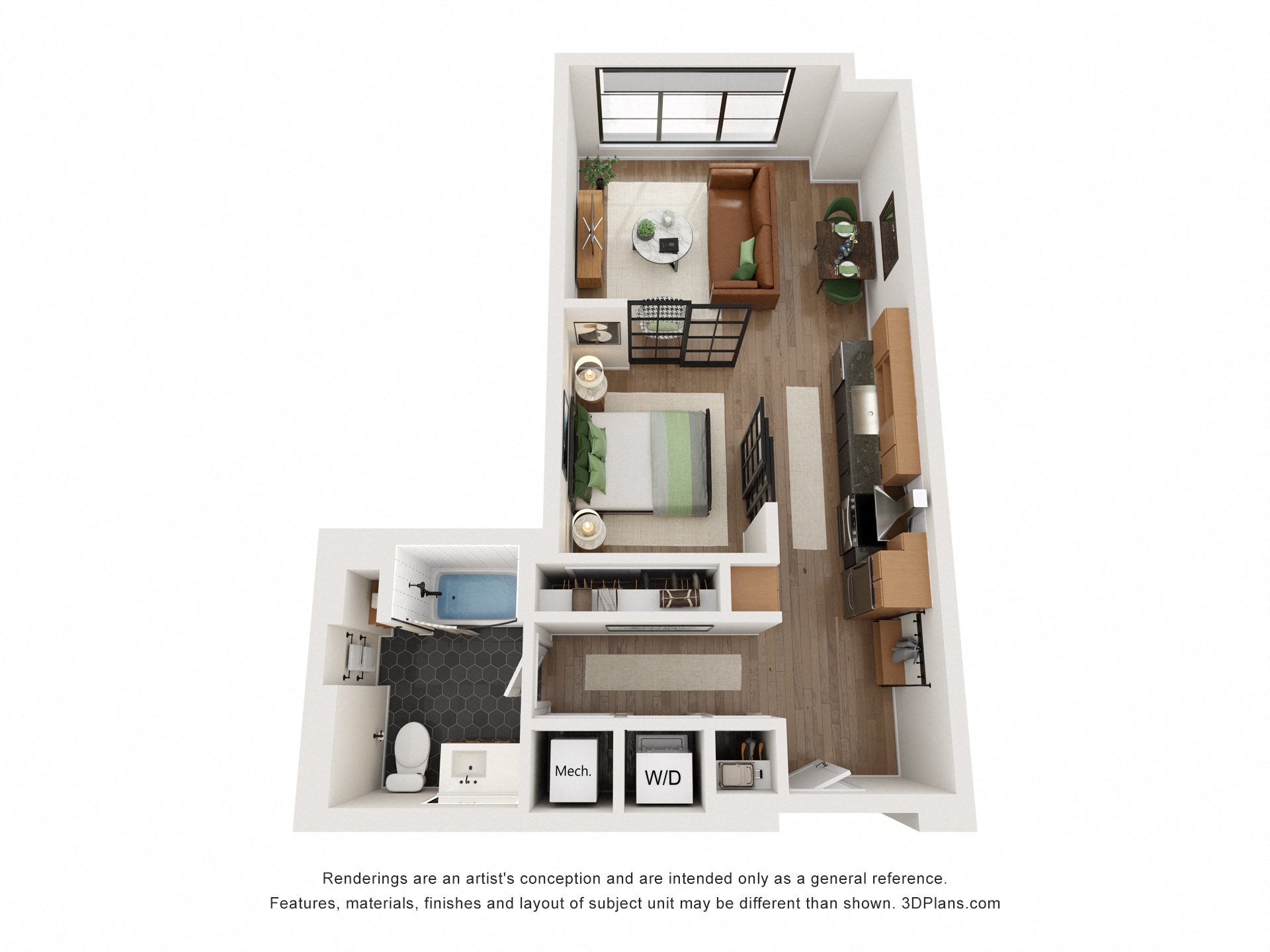 Floor plan for 1 bed, 1 bath, 636 sqft